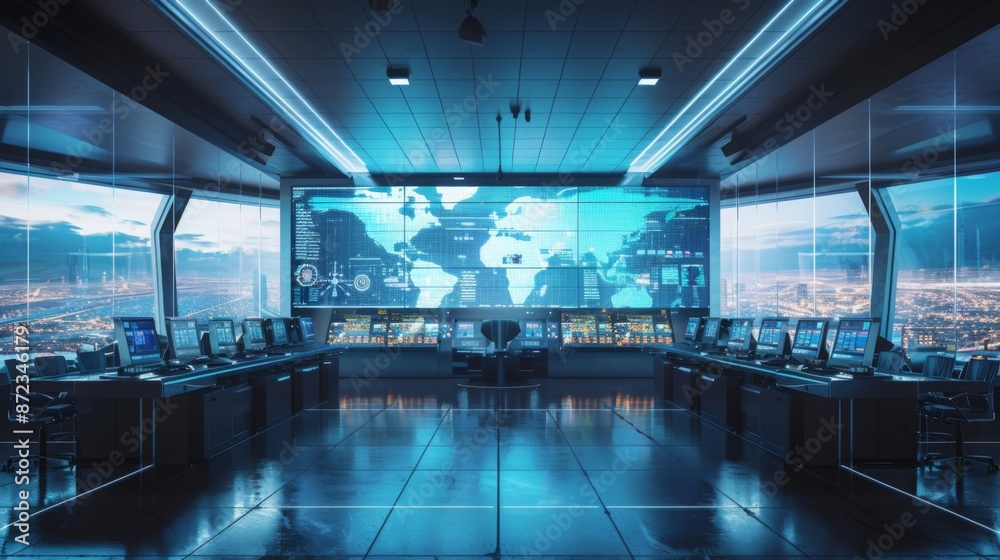 Leinwandbilder A modern control room with a big screen showing a world map and data points. Brightly lit, workstations with monitors, windows with a city view at night.