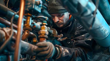 A skilled worker in a beanie focuses on adjusting pipes in a mechanical setting, showcasing dedication and technical expertise in industrial maintenance.