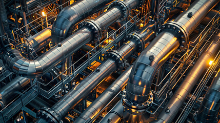 Detailed view of a complex industrial pipe system, showcasing advanced engineering and industrial design. Perfect for technical and engineering content.