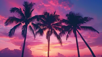 Obraz premium A vivid sunset paints the sky with shades of purple and pink, as three tall palm trees stand majestically against the colorful backdrop, creating a tropical paradise feel.