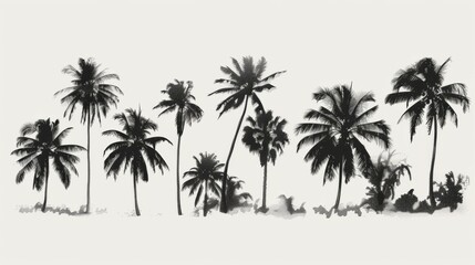 Obraz premium An artistic minimalist black ink drawing of various palm trees, showcasing the simplicity and elegance of nature through a monochromatic scheme and clean lines.