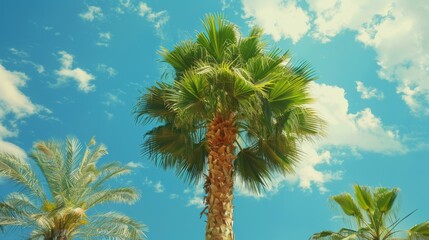 A towering green palm tree under a vivid blue sky with scattered clouds, basking in sunlight, showcasing its vibrant, lush fronds in a tropical paradise setting.