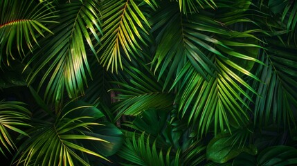 A texture-rich composition of palm leaves overlapping in various layers, creating a visually dynamic and intricate pattern with shades of green and dark shadows.