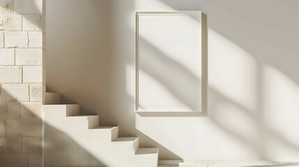Obraz premium Sunlight casts shadows on stone steps and a blank white frame on a light-colored wall, creating a minimalist aesthetic