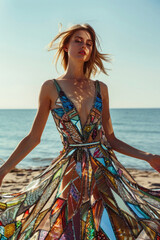 Portrait of a woman in dress made of stained glass at the beach