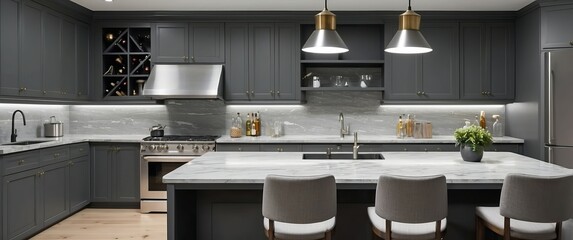 Modern kitchen with gray cabinets, granite countertops, and upscale appliances  Elegant and functional design, ideal for cooking and entertaining