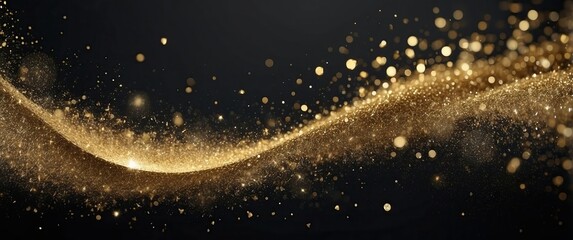 Abstract golden glitter wave on a black background, perfect for festive, elegant designs and luxurious celebrations or holiday backdrops