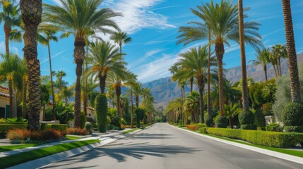 This image showcases a pristine boulevard lined with tall, vibrant palm trees under a clear, blue sky, creating a picturesque and serene landscape scene.