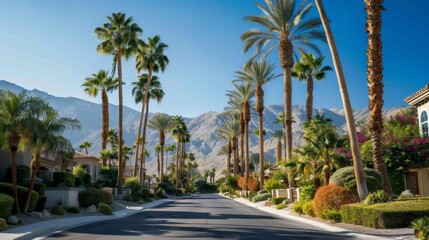 Fototapeta premium A picturesque street lined with tall, tropical palm trees, with a scenic mountain view in the background, creating a balance of nature and urban life for viewers.