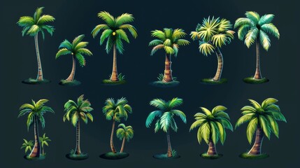 Naklejka premium A set of diverse artistic illustrations of palm trees against a dark background, each palm tree showcases different artistic styles, making it visually engaging.