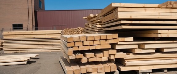 Stacks of timber and lumber planks at an outdoor warehouse, ideal for construction, carpentry, and building supply needs