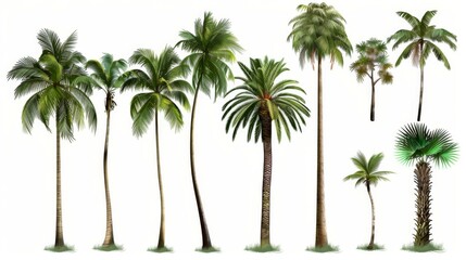 A diverse range of palm tree species illustrated in detail, showcasing their leaves and trunks, against a plain white background for a clear and aesthetic presentation.