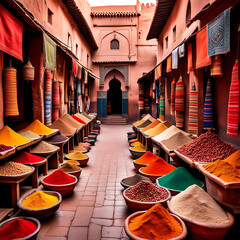 Obraz premium Gewürze Kräuter Pulver bunt angehäuft wie Kegel auf einem Markt oder Einkaufsstraße in orientalischer Altstadt, wie Marrakesch Marokko, Ägypten, rote Farben Tücher und Stoffe, Verkaufsstand Marktplatz