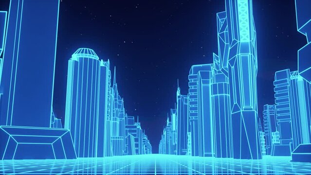 Retro futuristic 80s style with neon city backgrounds. Seamless loop of cyberpunk cityscape with a moving grid floor
