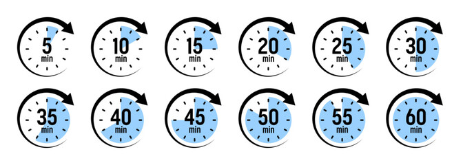 Stopwatch icons with pointer arrow. Colorful chronometer, time counter with dial. Countdown time, hours and minutes. Deadline, sport measurement. Cooking time label, sticker. Vector illustration