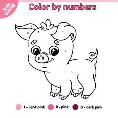Kids game Color by numbers with cartoon farm piglet. Page of the coloring book with cute piggy. Activity book for preschool and school children. Outline vector illustration of the funny farm small pig