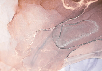 Fototapeta premium A close-up of an abstract painting created with alcohol ink. The colors are mainly shades of pink and brown, with hints of silver, creating a unique and captivating artwork