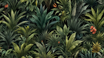 Watercolor wallpaper pattern Jungle landscape in retro design