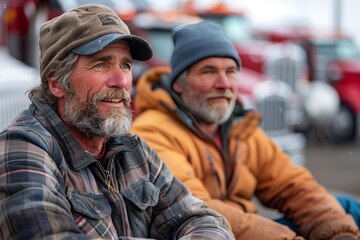 Fototapeta premium Truckers Bonding on Bench with Blurry Trucks Background