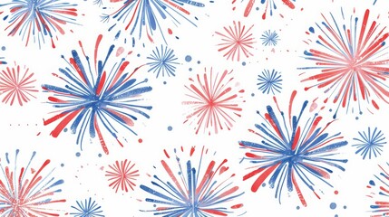 An artistic pattern of red and blue fireworks on a white background, creating an energetic and festive visual effect, ideal for celebrating patriotic holidays and events.
