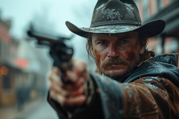 Fototapeta premium Cowboy Duel Scene in Wild West Town