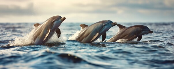 Three dolphins leap joyfully through the ocean waves in unison, blending high energy and playfulness, while synchronizing with the calmness of the surrounding sea.