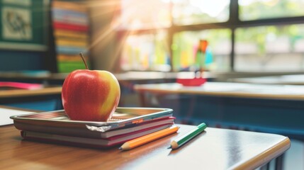 A crisp apple sits atop stacked notebooks on a sunlit wooden desk in a classroom, symbolizing education, knowledge, and a fresh start to the school year.