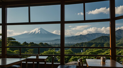 Fuji mountain view from a cozy Japanese coffee cafe Fuji  shop, Japan, view,