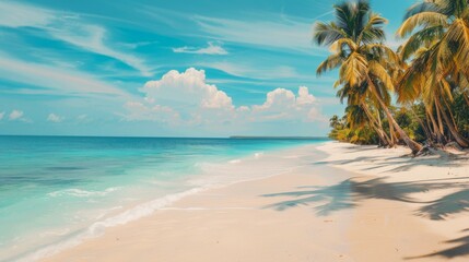 Obraz premium A picturesque beach featuring pristine sand, lush palm trees, and sparkling turquoise water, all set beneath a vibrant blue sky, captivating the essence of a tropical escape.