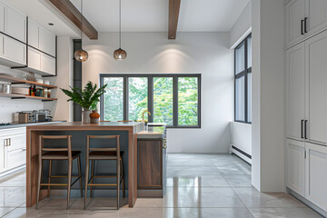 Fototapeta premium Stylish home kitchen interior with bar island and cabinet, window. Mockup wall