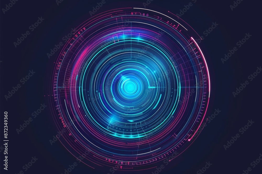 Poster Futuristic abstract digital design in neon blue and purple, emphasizing modern technology and dynamic data visualization with a high-tech aesthetic