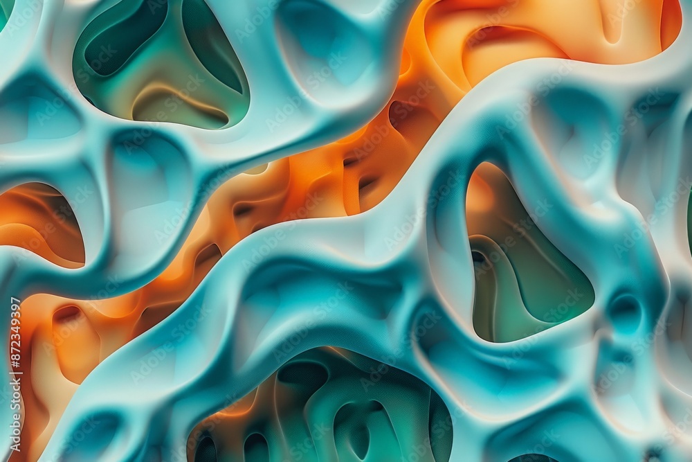 Poster An abstract image showcasing interwoven organic shapes in blue and orange hues, creating a fluid and dynamic visual effect with a modern, artistic style.
