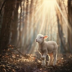 Obraz premium Lamb of God. Lamb in the forest with a light beam on the background. Christian concept