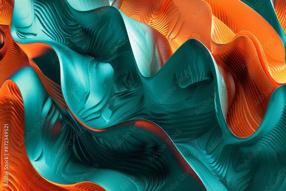Poster a stunning abstract image featuring fluid waves in vibrant teal and orange colors, showcasing dynami