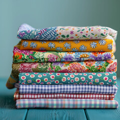 Quilter's Palette: Vibrant Fabrics Ready for Crafting on a Teal Backdrop