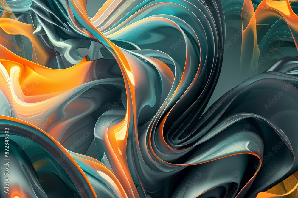 Poster a dynamic abstract artwork featuring swirls in shades of teal, orange, and gray, intertwined to crea