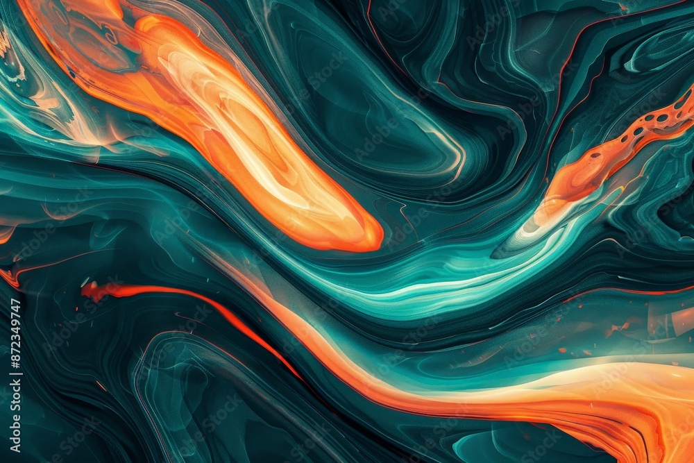 Aufkleber an engaging abstract art piece with fluid lines in teal and orange, accented by touches of black, cr