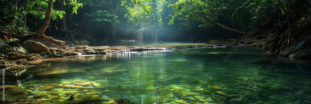 Aufkleber tranquil rainforest creek with sunlight filtering through the canopy