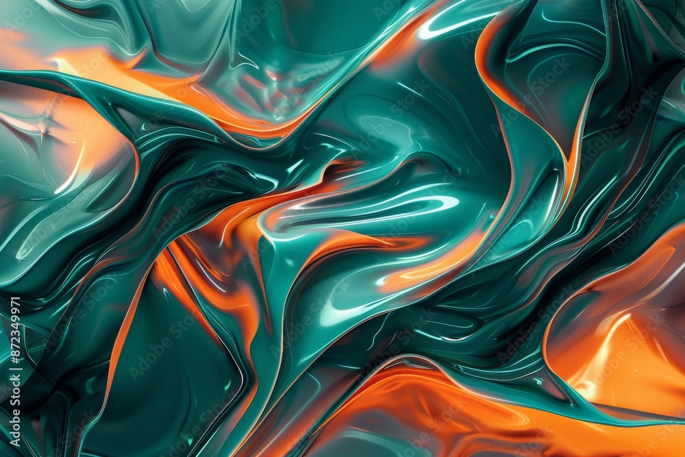 Poster a glossy abstract art piece featuring fluid, glossy waves of teal and orange in vivid detail, captur