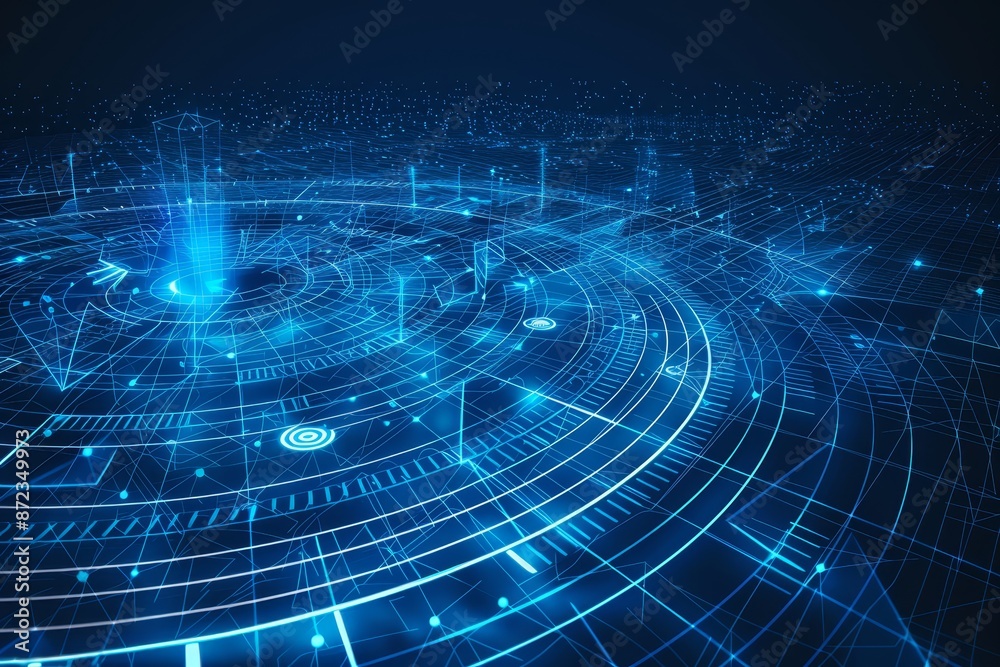 Poster abstract blue hologram representation, highlighting futuristic technology and digital data transmiss
