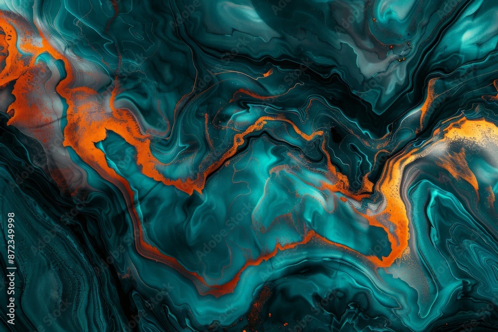 Poster A captivating abstract fluid artwork with marble-like teal and orange patterns, creating an intricate and dynamic composition filled with vibrant energy and organic flow.