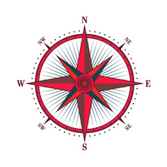 Vintage marine wind rose, nautical chart. Colorful navigational compass with cardinal directions of North, East, South, West. Geographical position, cartography and navigation. Vector illustration
