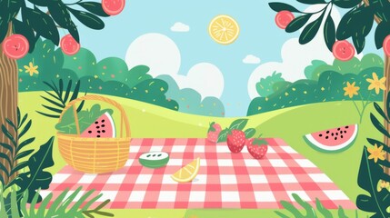 A colorful illustrated picnic setup in a sunny meadow with a checkered blanket, a basket of watermelon, strawberries, and other fruits, and a sky with clouds and sun.