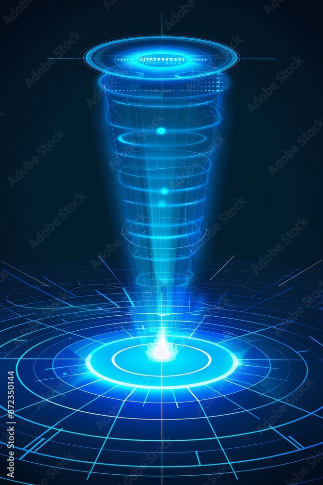Poster abstract blue hologram representation, highlighting futuristic technology and digital data transmiss