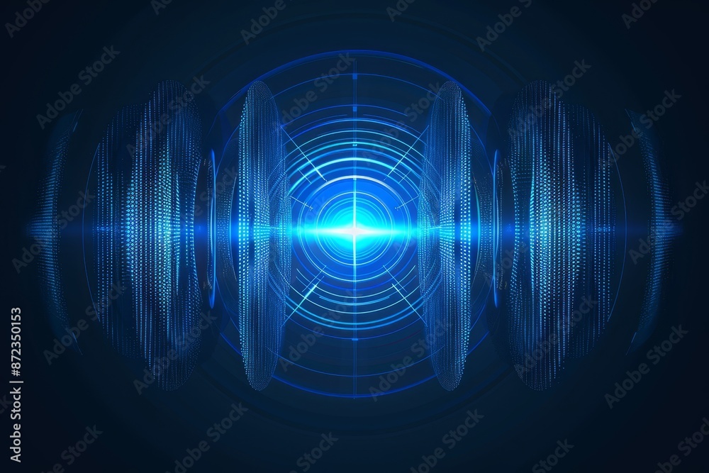 Aufkleber Abstract representation of sound waves in blue, showcasing futuristic technology and dynamic audio frequencies with a modern digital design