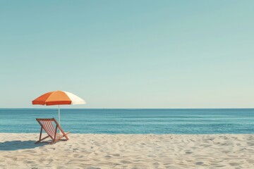 A tranquil beach view featuring a single beach chair underneath an orange and white umbrella, positioned by the calm, blue ocean on a clear day, inviting solitude and peace.