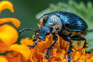 Fototapeta premium This macro image captures a speckled blue beetle resting on an orange flower. The contrast in colors and intricate details of the beetle's features highlight nature's artistry and beauty.