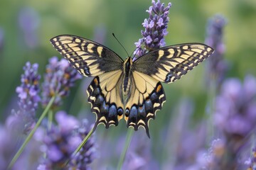 Naklejka premium A close-up view of a colorful butterfly with black and yellow wings, gracefully resting on vibrant purple lavender flowers, illustrating natural beauty and tranquility.