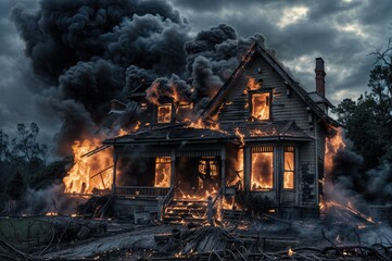 A frightening house consumed by fire, its windows spewing thick black smoke into the air.