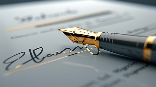 A gold-trimmed fountain pen lies next to a signed document, with the pen's nib resting on the signature line